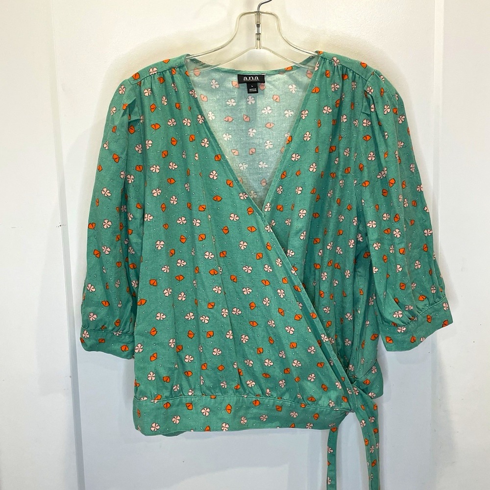 Womens Wrap Top Floral Blouse Office Causal Boho Artsy Green V Neck 3/4 Sleeve L